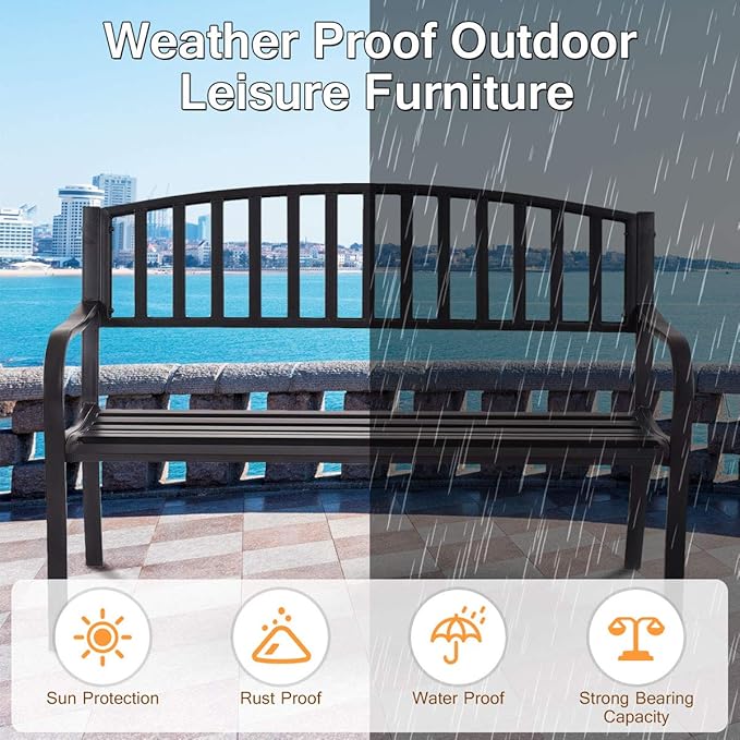 50 Inch Outdoor Steel Garden Bench With High Back And Rustproof Armrests Patio Park Bench For Lawn Yard Porch Deck Poolside