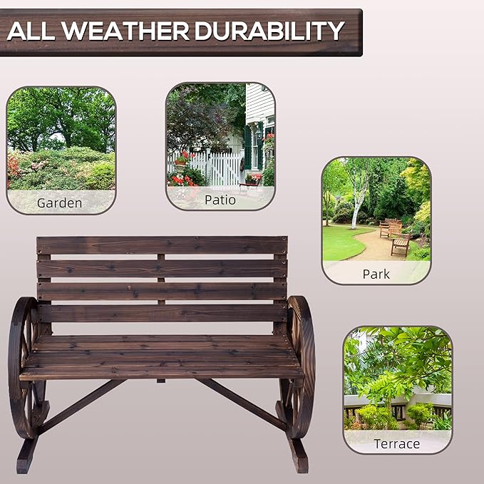 41 Inch Wooden Wagon Wheel Bench Rustic Outdoor Patio Weather Resistant 2 Person Slatted Seat With Backrest Carbonized Finish