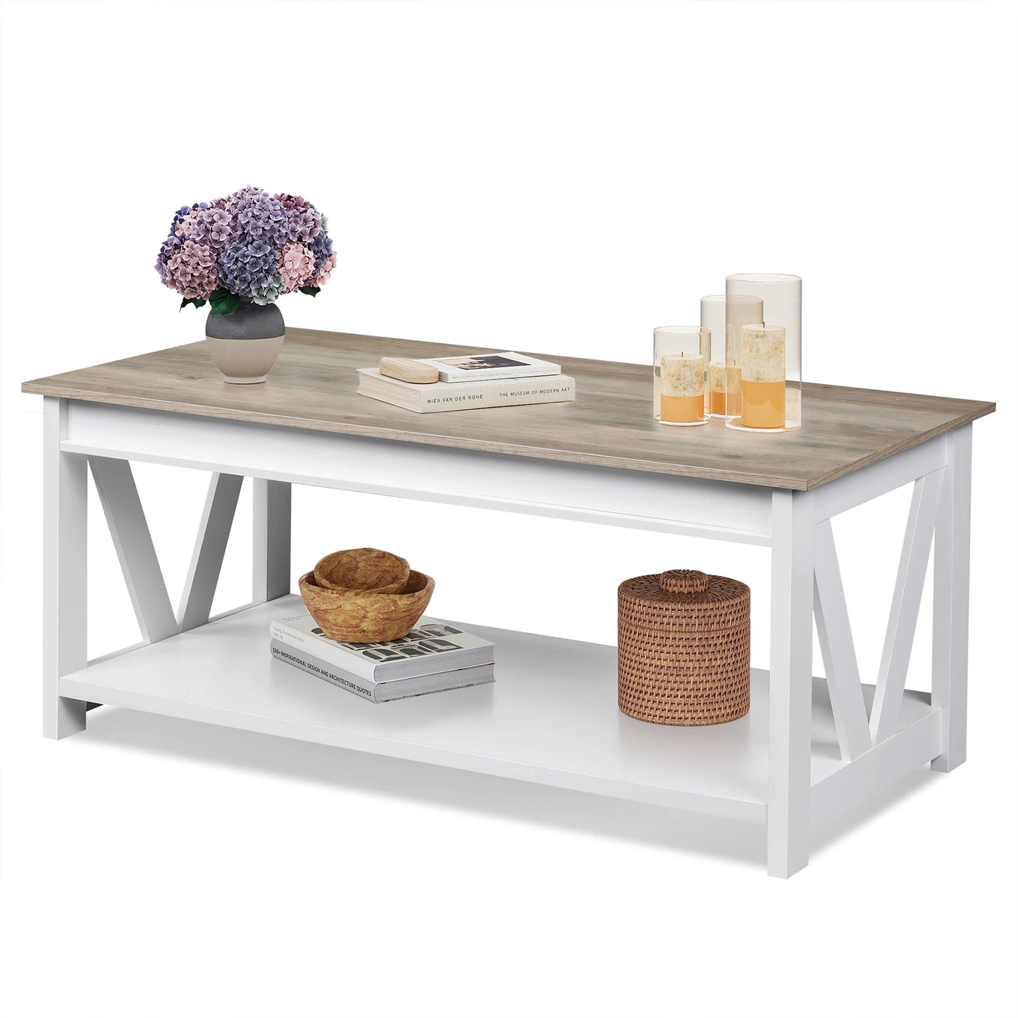 Galaxhero Farmhouse Coffee Table Storage Shelf V Shaped