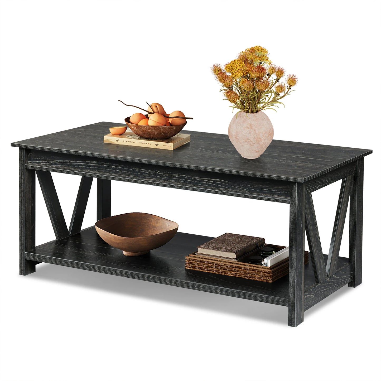 Galaxhero Farmhouse Coffee Table Storage Shelf V Shaped