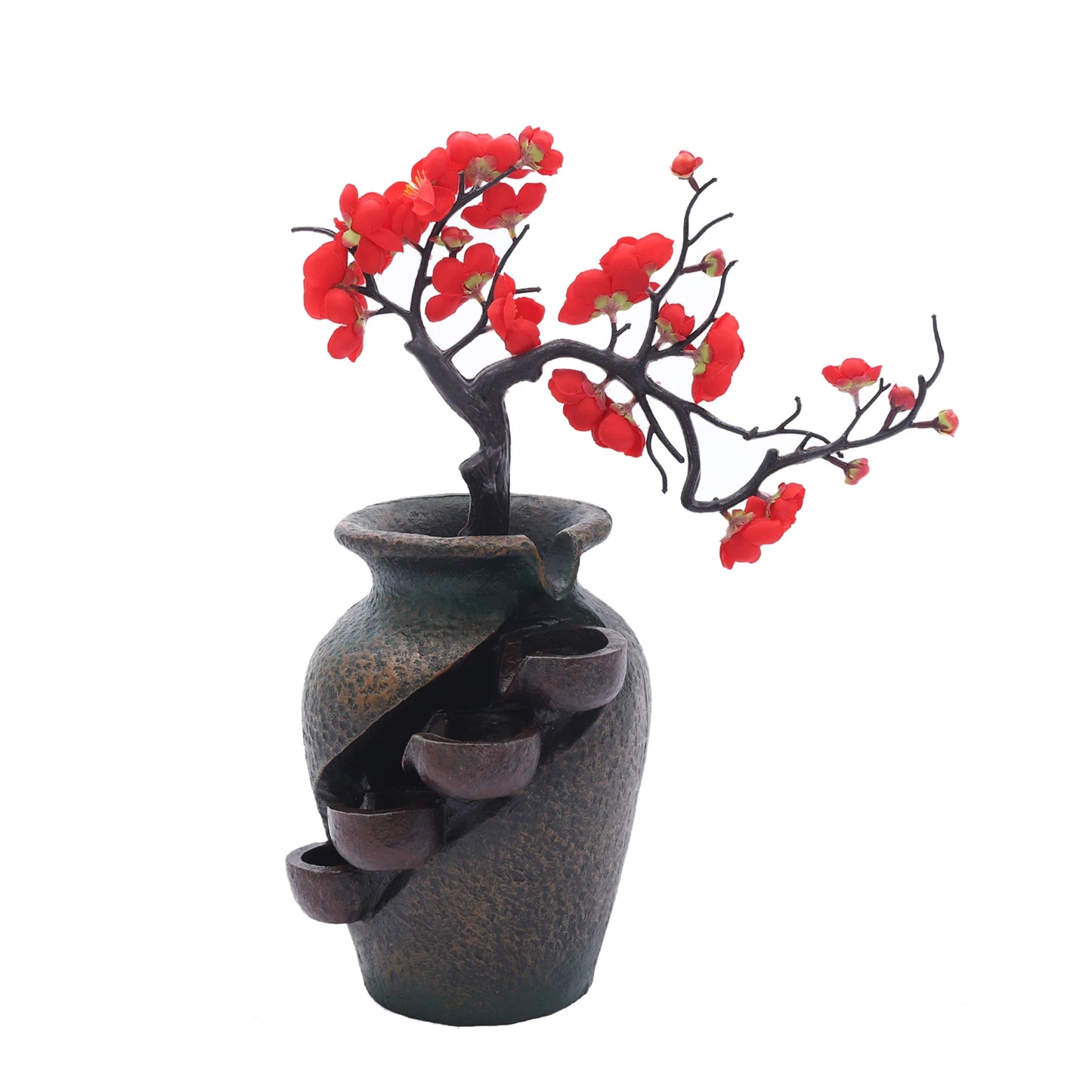 110V Flower Vase Waterfall Fountain Tabletop Indoor Feng Shui Water Fountain Home Room Decoration Exquisite Workmanship Resin