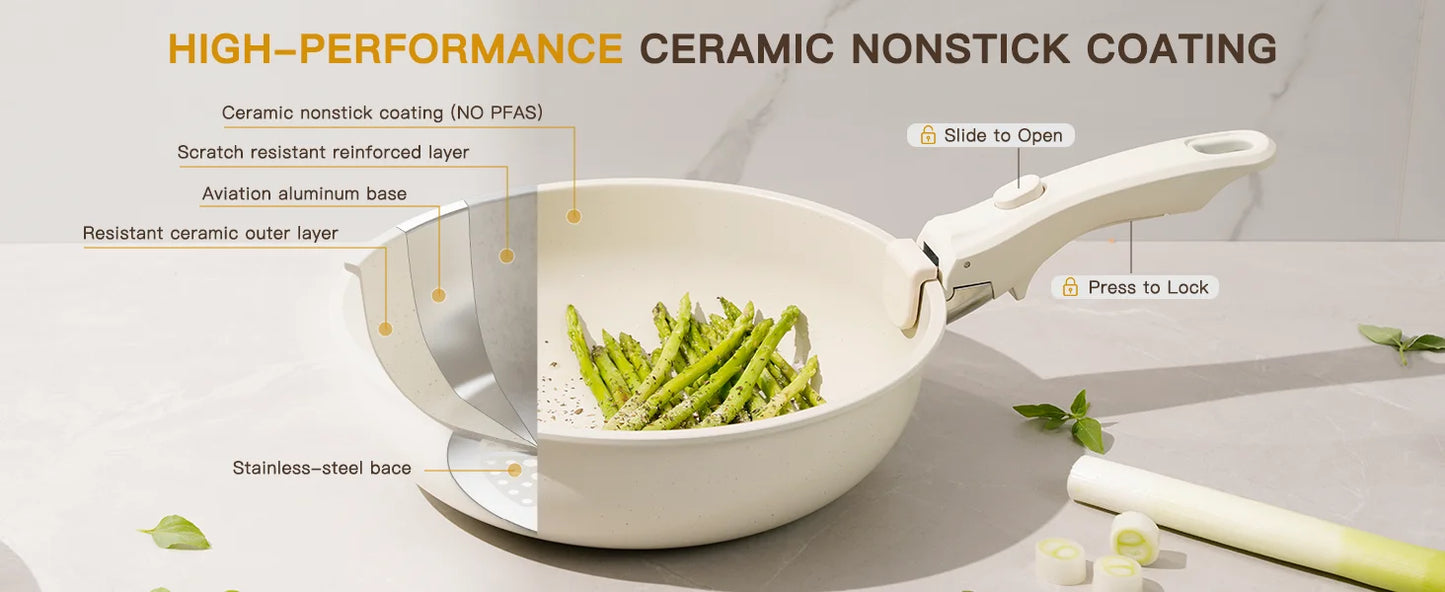 21 Piece Non Stick Pots and Pans Set Astercook Ceramic Cookware Set with Sensor Handles Milky White