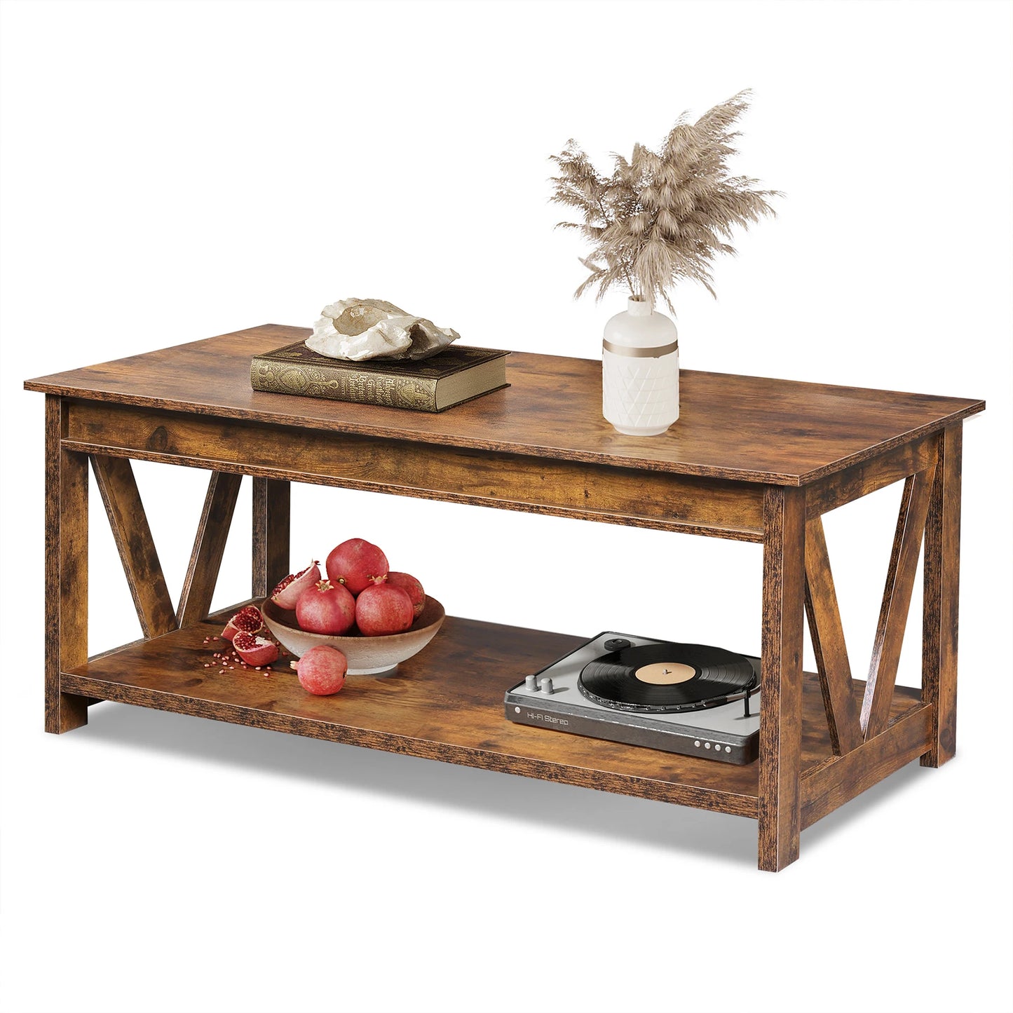 Galaxhero Farmhouse Coffee Table Storage Shelf V Shaped