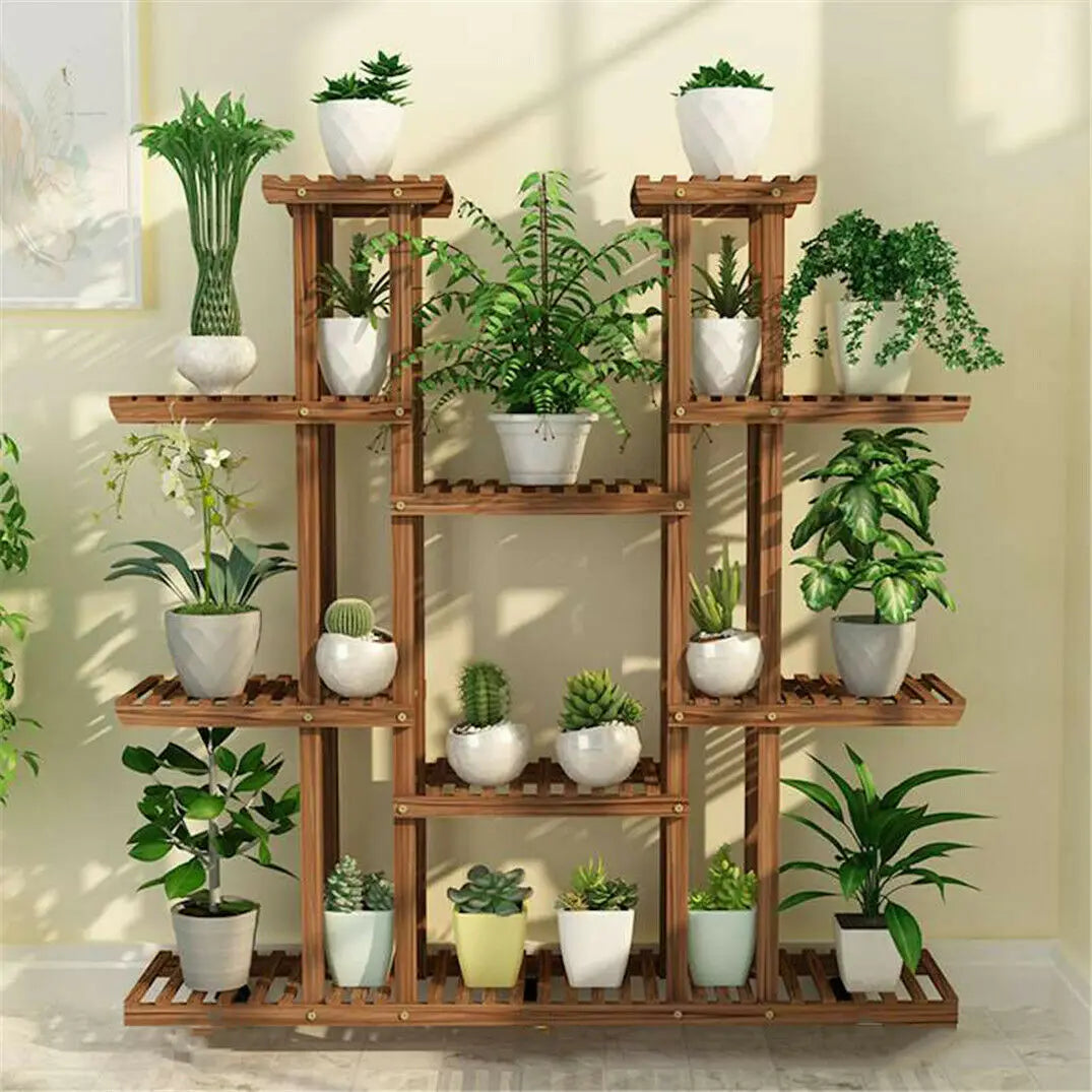 UNHO 46 Inch Multi Tier Wood Plant Stand 9 Tier 16 Pot Flower Rack Indoor Outdoor for Patio Garden