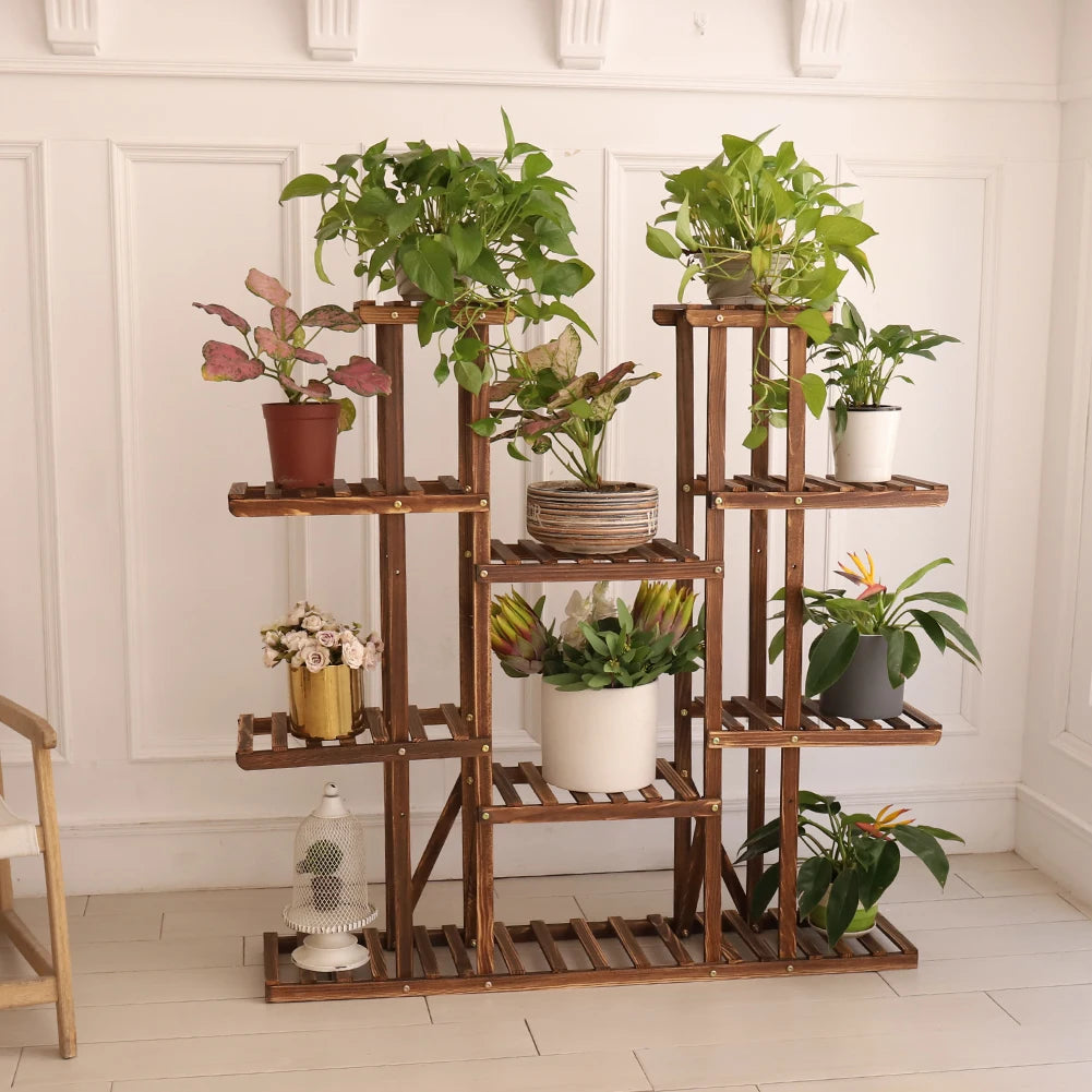 UNHO 46 Inch Multi Tier Wood Plant Stand 9 Tier 16 Pot Flower Rack Indoor Outdoor for Patio Garden