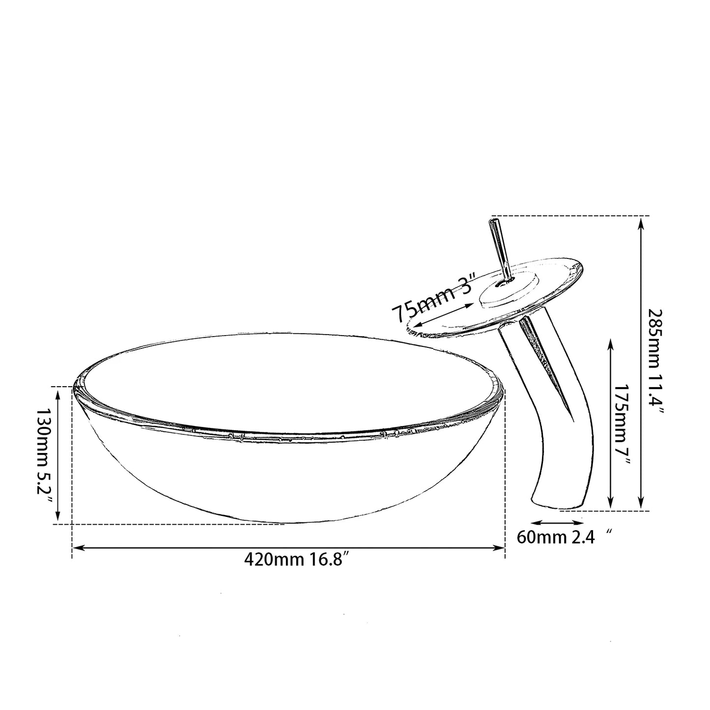 ZAPPO Tempered Glass Vessel Sink With Waterfall Faucet Blue