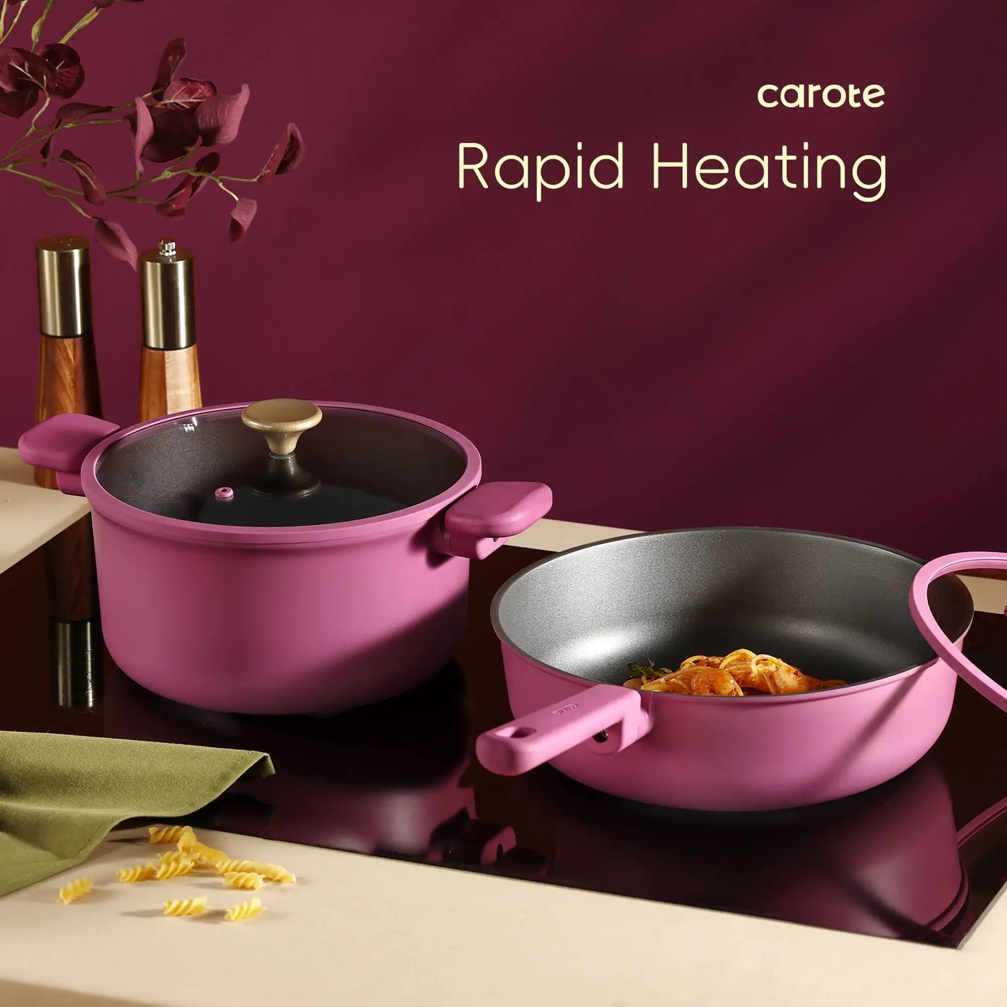 Kitchen Cookware Sets Nonstick Pots and Pans Set Induction Cookware 16 Pcs Rose Pink