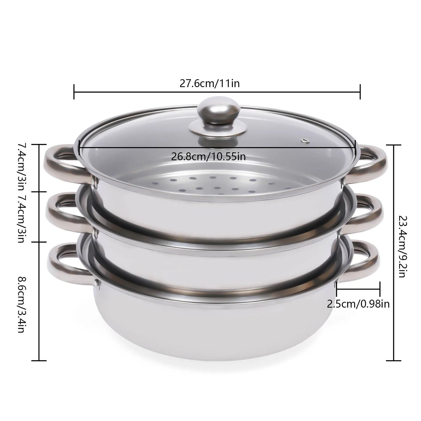 11 Inch 3 Tier Large Stainless Steel Steamer Pot Set with Glass Lid