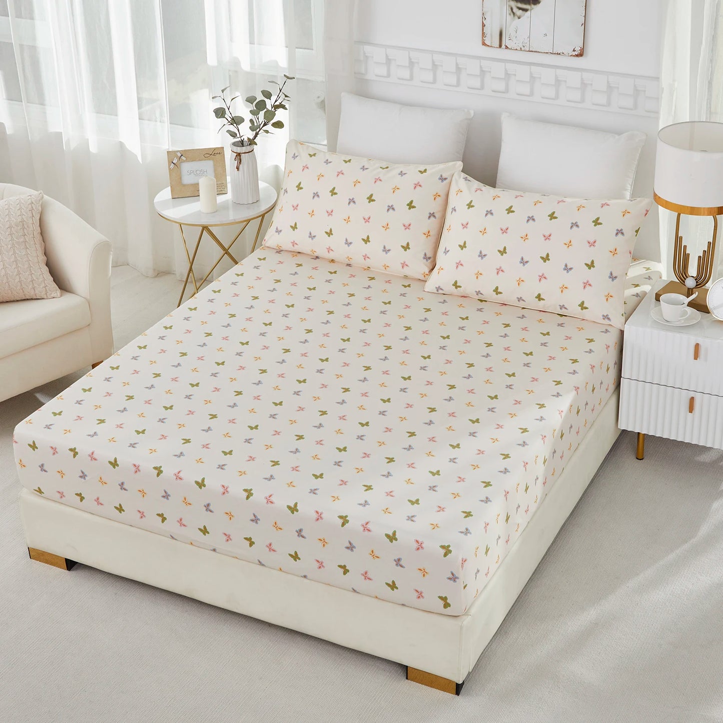 4 Piece 600 TC 100 Percent Egyptian Cotton Fitted Sheet Set Colorful Butterfly Shabby Chic Soft and Skin Friendly