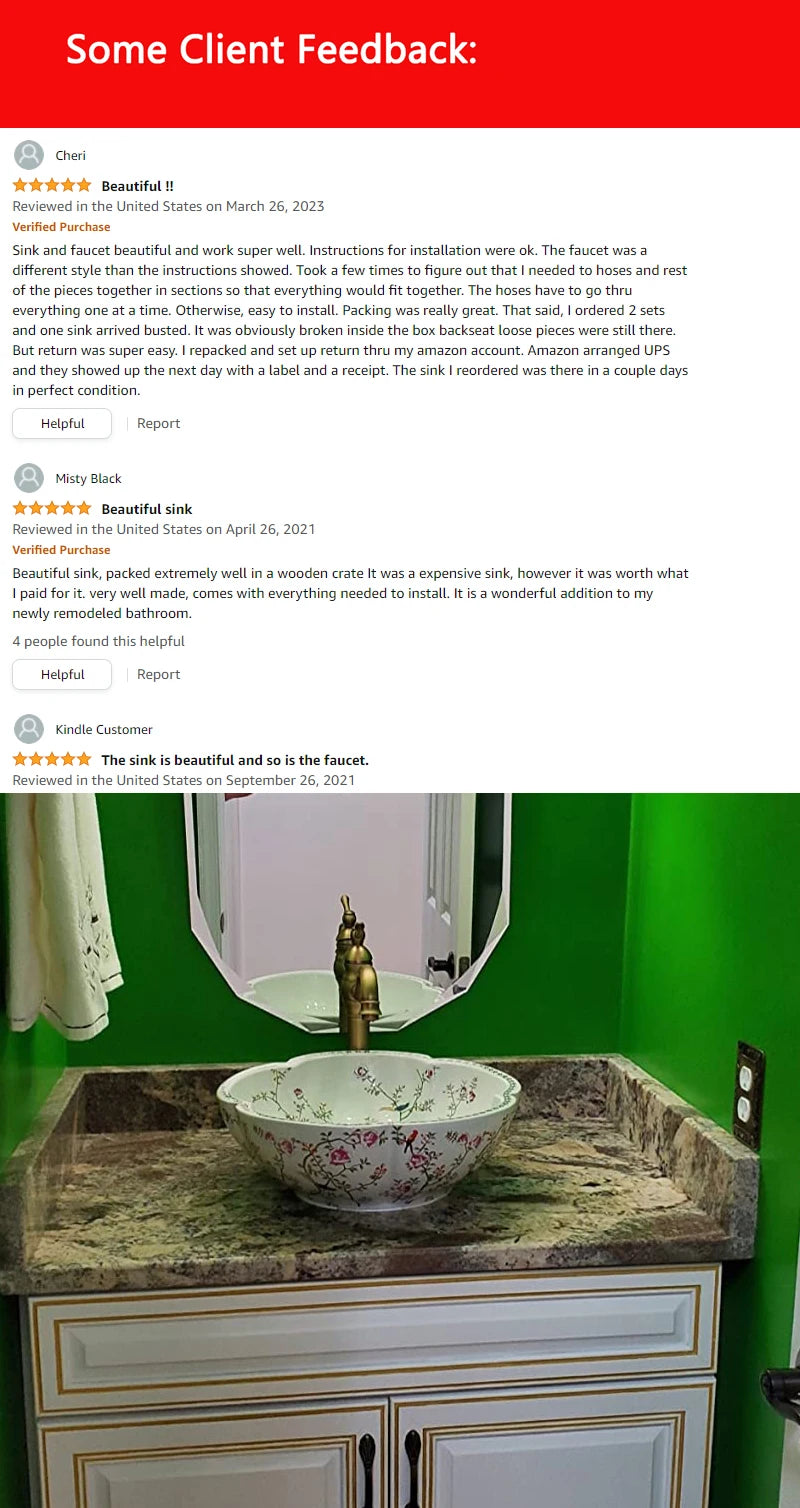 ZAPPO Ceramic Sink Above Counter Round Petal Pattern Faucet