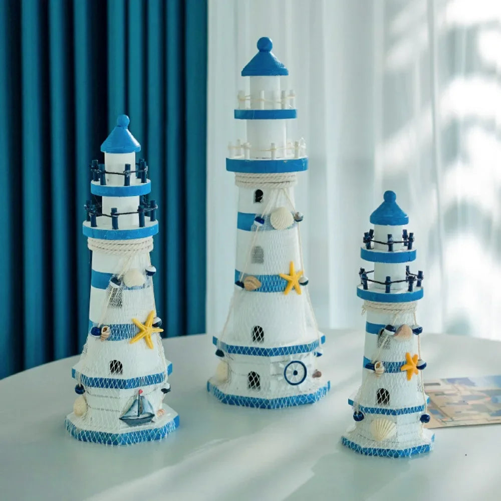 Wooden Double Layered Lighthouse Figurine Nautical Decor