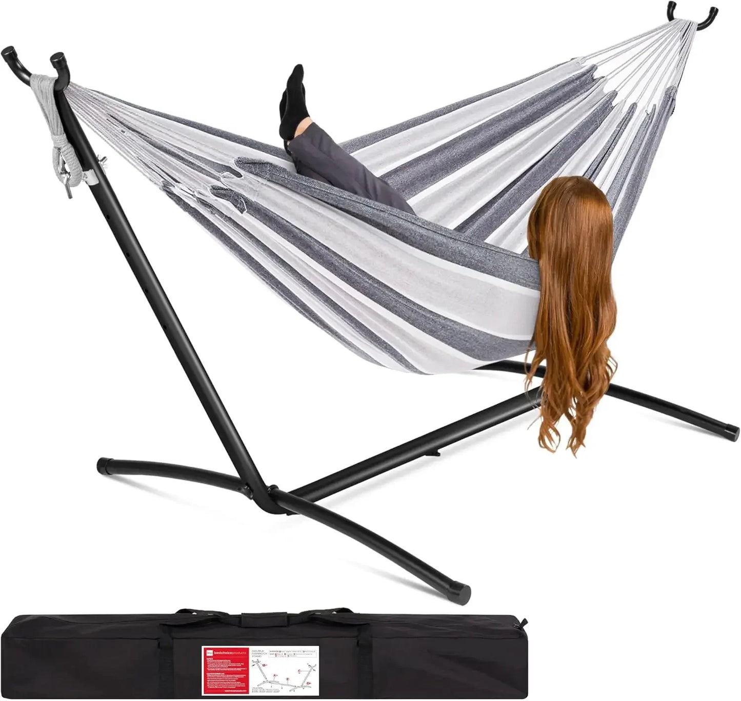 Double Brazilian Style Cotton Hammock With Steel Stand For Indoor Outdoor With Carrying Bag