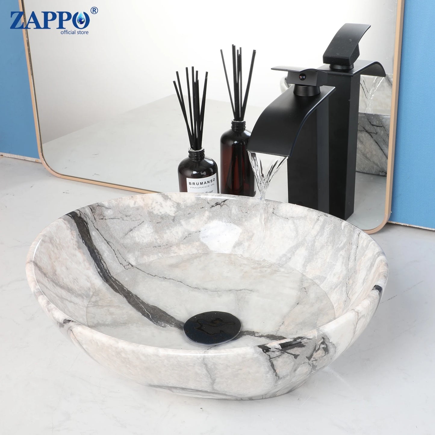 ZAPPO Marbling Rectangle Vessel Sink With Faucet Drain