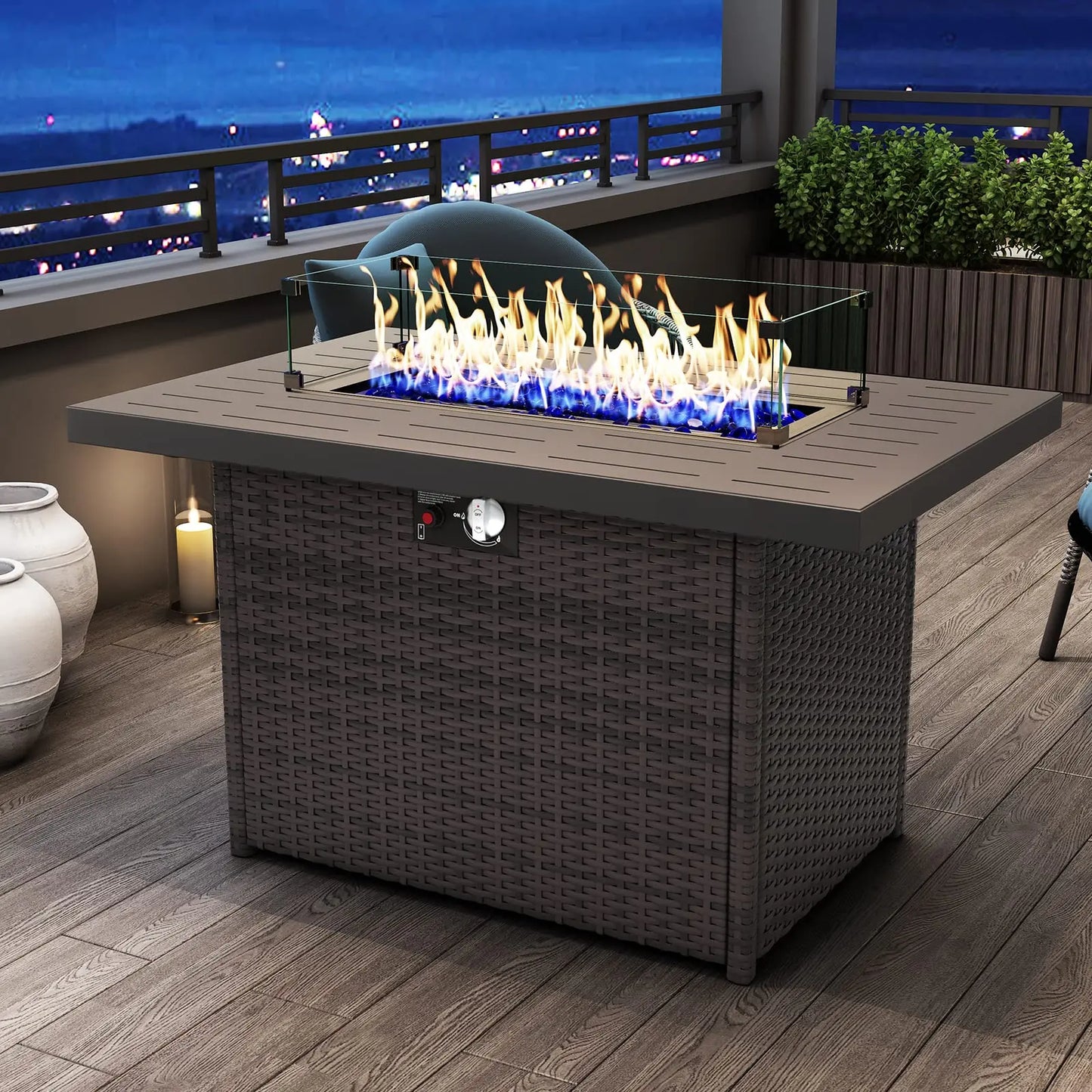 44 Inch Propane Gas Fire Pit Table Outdoor Patio 60000 BTU Rectangular Wicker