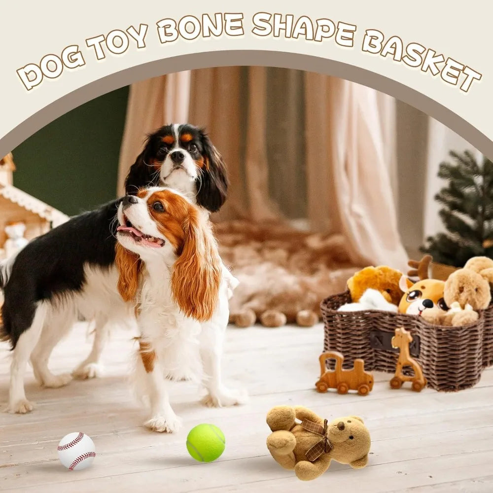 2 Set Large Small Dog Toy Basket Lid Bone Shaped Wicker
