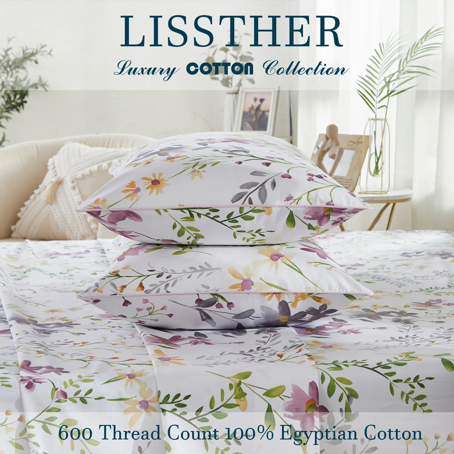 4 Piece 600 TC 100 Percent Egyptian Cotton Fitted Sheet Set Fresh Pink Botanical Pattern Soft and Skin Friendly