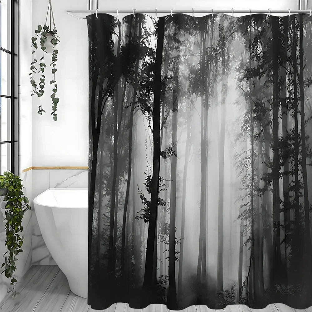 Black Tree Shower Curtain Misty Forest Waterproof Hooks