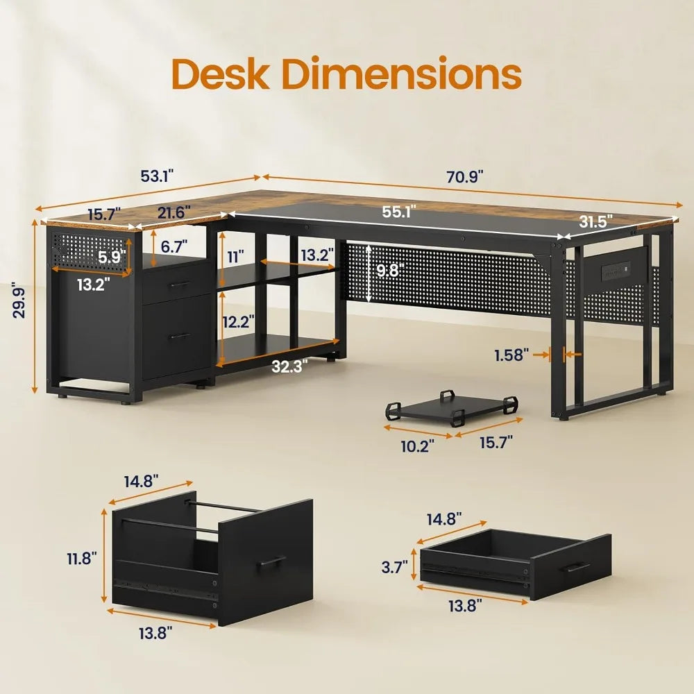 71 Inch Executive Desk With Power Outlets L Shaped Storage