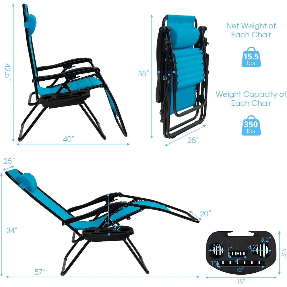 Zero Gravity Lounge Chairs 160 Degree Adjustable Folding Recliner with Pillow and Cup Holder 350 Pounds Comfy Outdoor Lounge Chairs