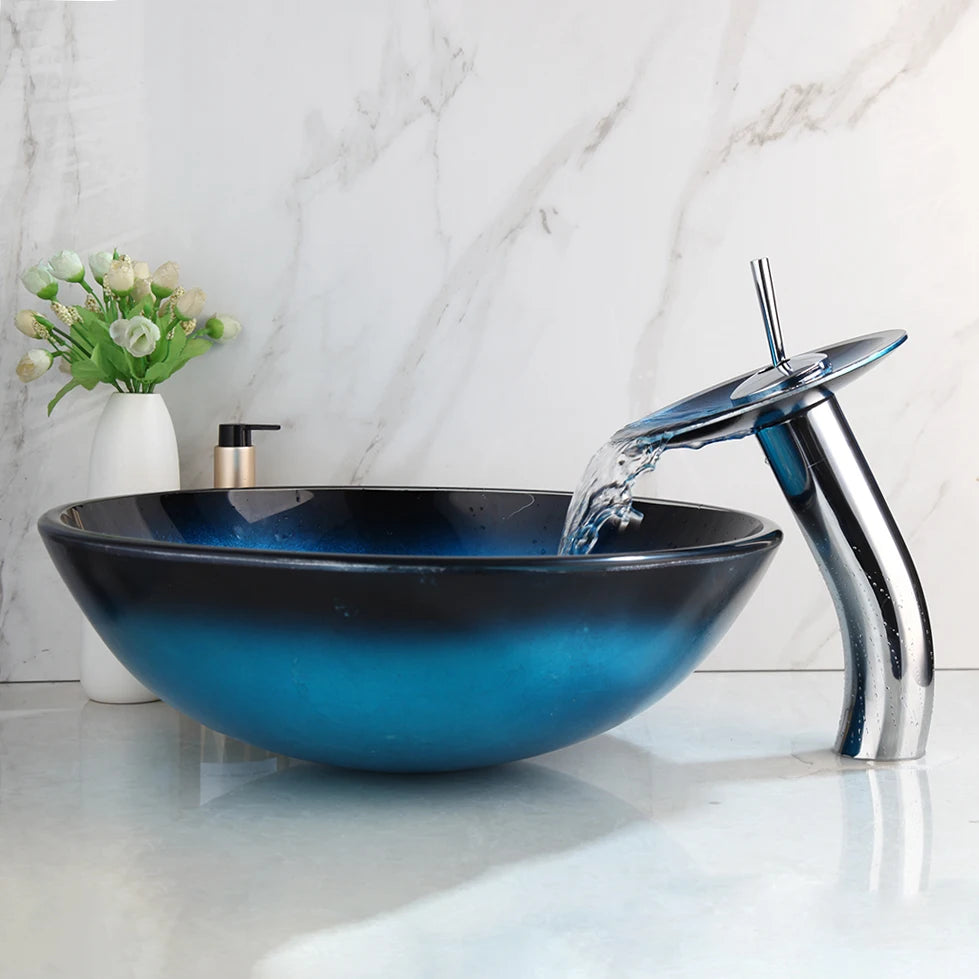 ZAPPO Tempered Glass Vessel Sink With Waterfall Faucet Blue