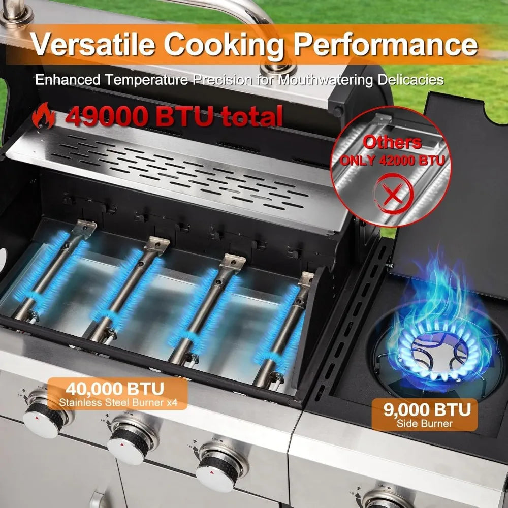 4 Burner Propane Gas Grill with Side Burner and Cabinet 49000 BTU Stainless Steel BBQ Grill Porcelain Enameled Cast Iron Grate