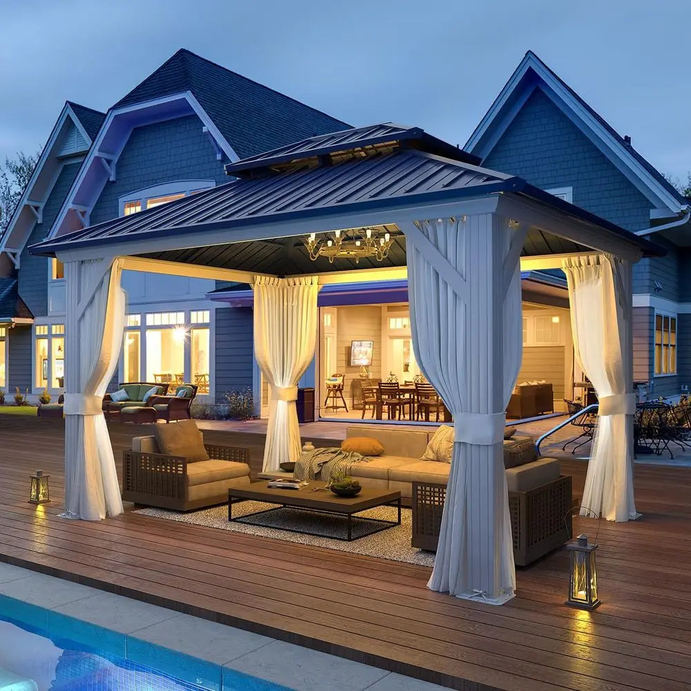 12 X 10 Outdoor Steel Pavilion With Double Roof Curtains And Netting Blue