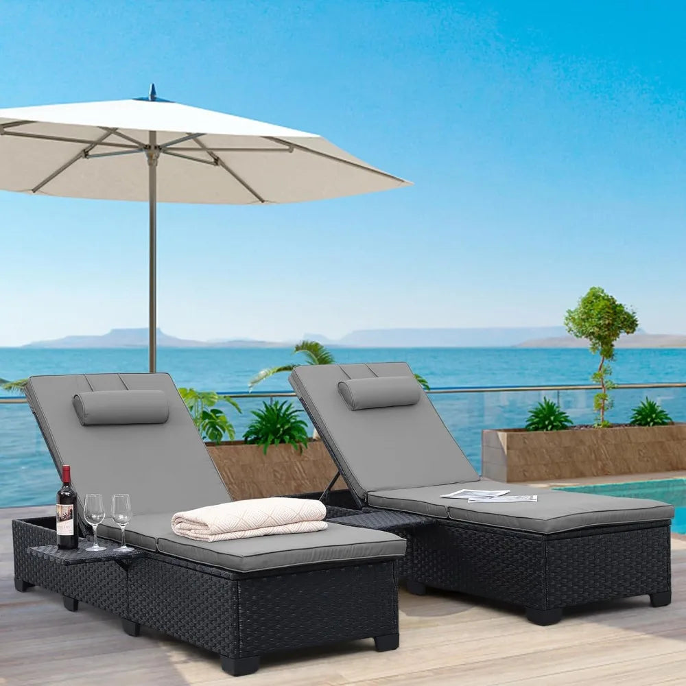 Outdoor Wicker Chaise Lounge Chairs Set Of 2 Reclining Rattan Patio Sun Loungers With Cushion Back Metal Frame For Pool And Patio Black Grey