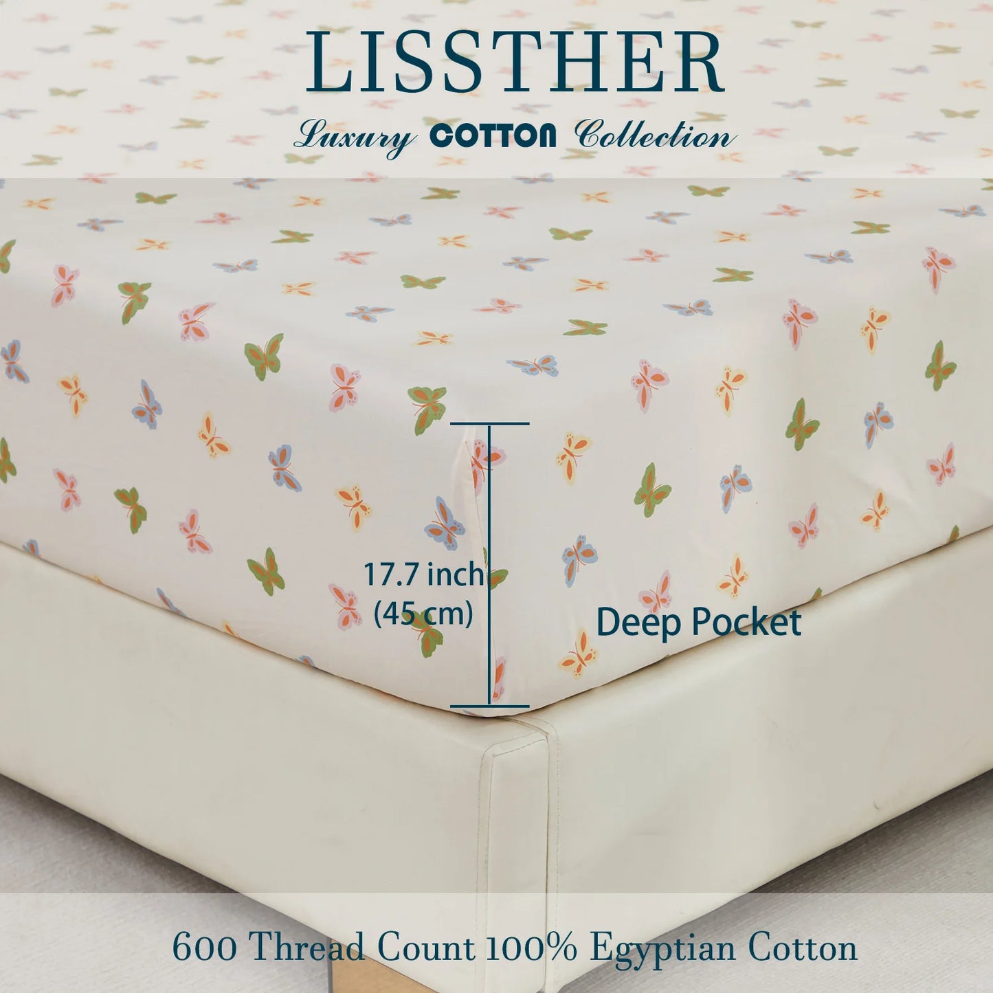 4 Piece 600 TC 100 Percent Egyptian Cotton Fitted Sheet Set Colorful Butterfly Shabby Chic Soft and Skin Friendly