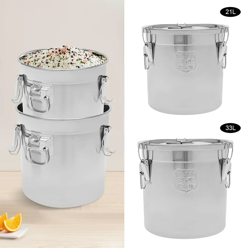 21L 33L Airtight Rice Bucket Canister Food Storage Container 304 Stainless Steel