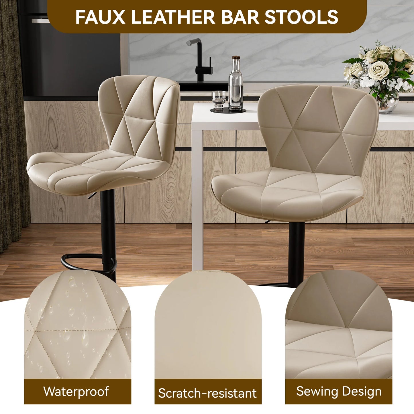 2 Pcs Bar Chair 360 Degree Rotation Faux Leather Backrest