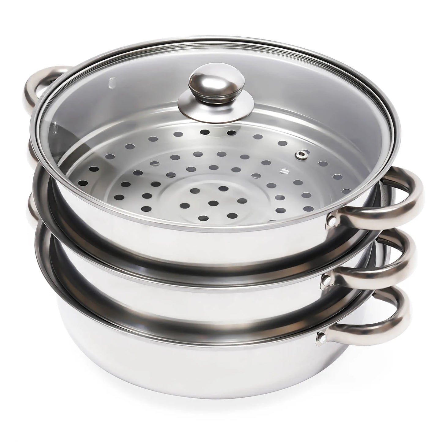 11 Inch 3 Tier Large Stainless Steel Steamer Pot Set with Glass Lid