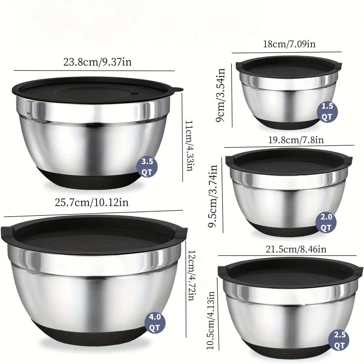 8pc Stainless Steel Mixing Bowls Set Airtight Lids Black