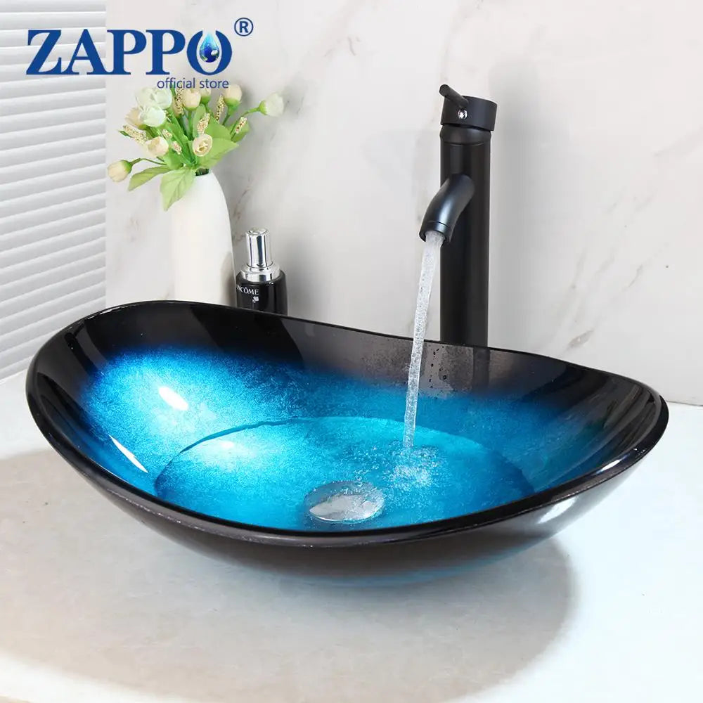 ZAPPO Tempered Glass Vessel Sink With Waterfall Faucet Blue