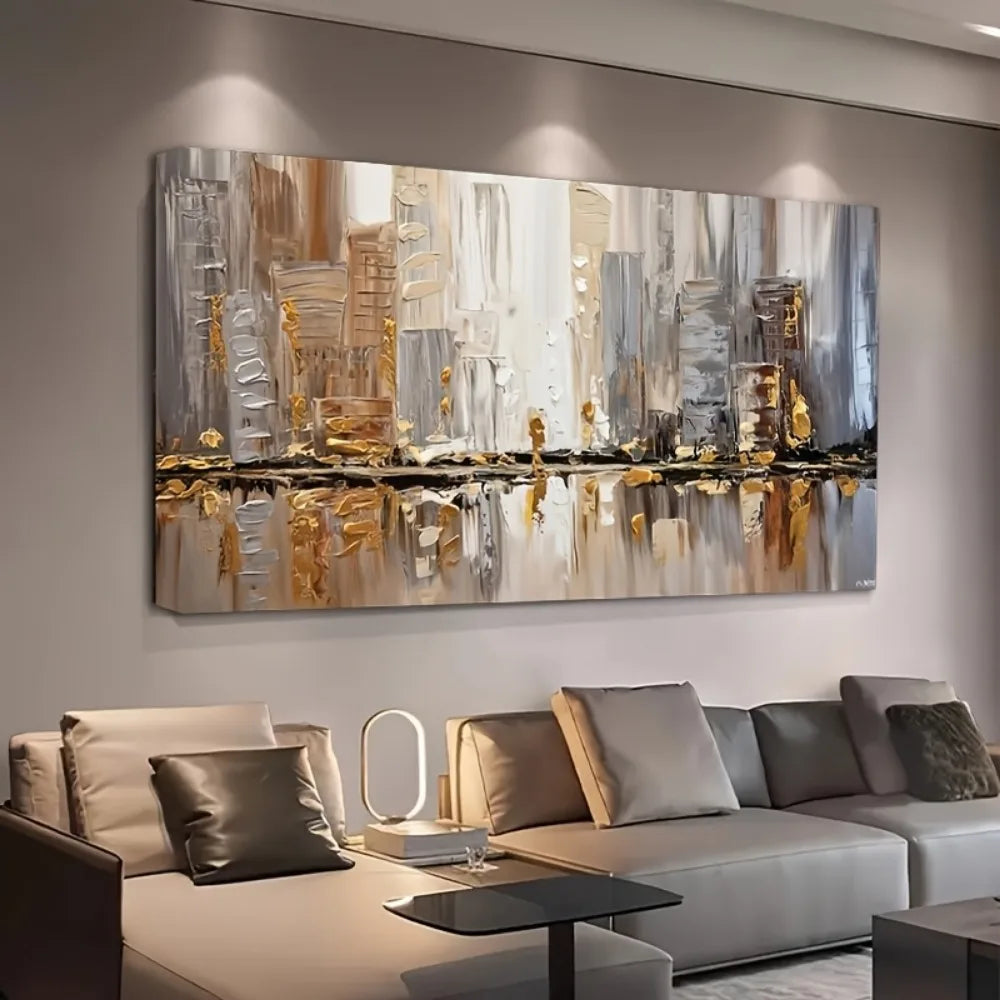 Large Abstract Oil Painting Thick Pine Frame Art Deco Neutral Tones Gold Accents