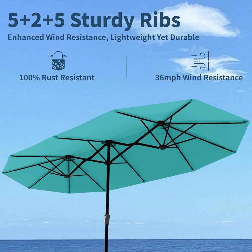 15Ft Double Sided Patio Umbrella With Base Included Large Outdoor Market Umbrella With Crank Handle UV Resistant Canopy Sturdy Alloy Steel Rectangular Aqua Blue