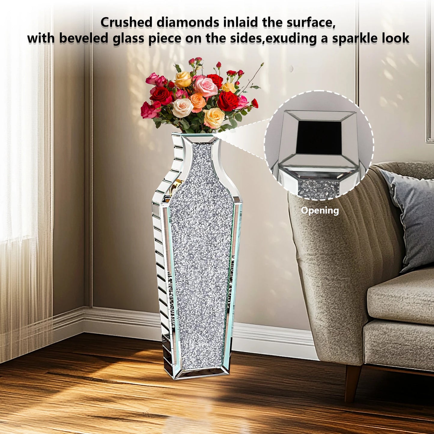 Tall Flower Vase Crushed Diamond Mirrored Floor Home Decor Vase