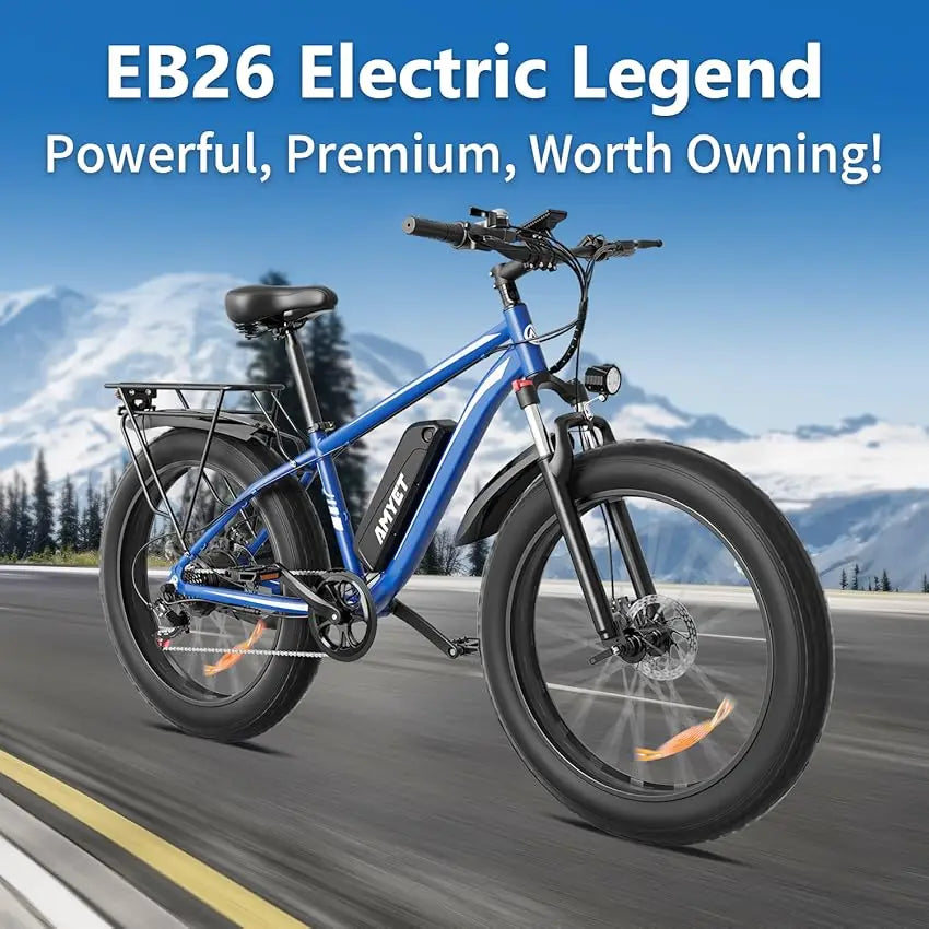 AMYET Electric Bike EB26 Blue Adults Electric Bicycle 31MPH Peak 1500W 720WH 26 Inch Fat Tire Mountain Bike Electric Dirt Bike