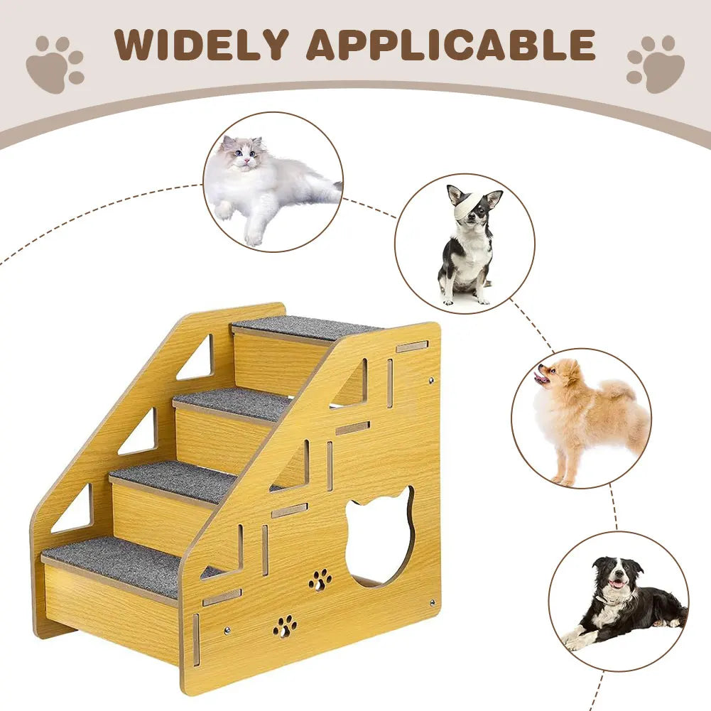 4 Step Wooden Pet Stairs Nonslip Carpeted Cat And Dog Indoor Steps For Bed