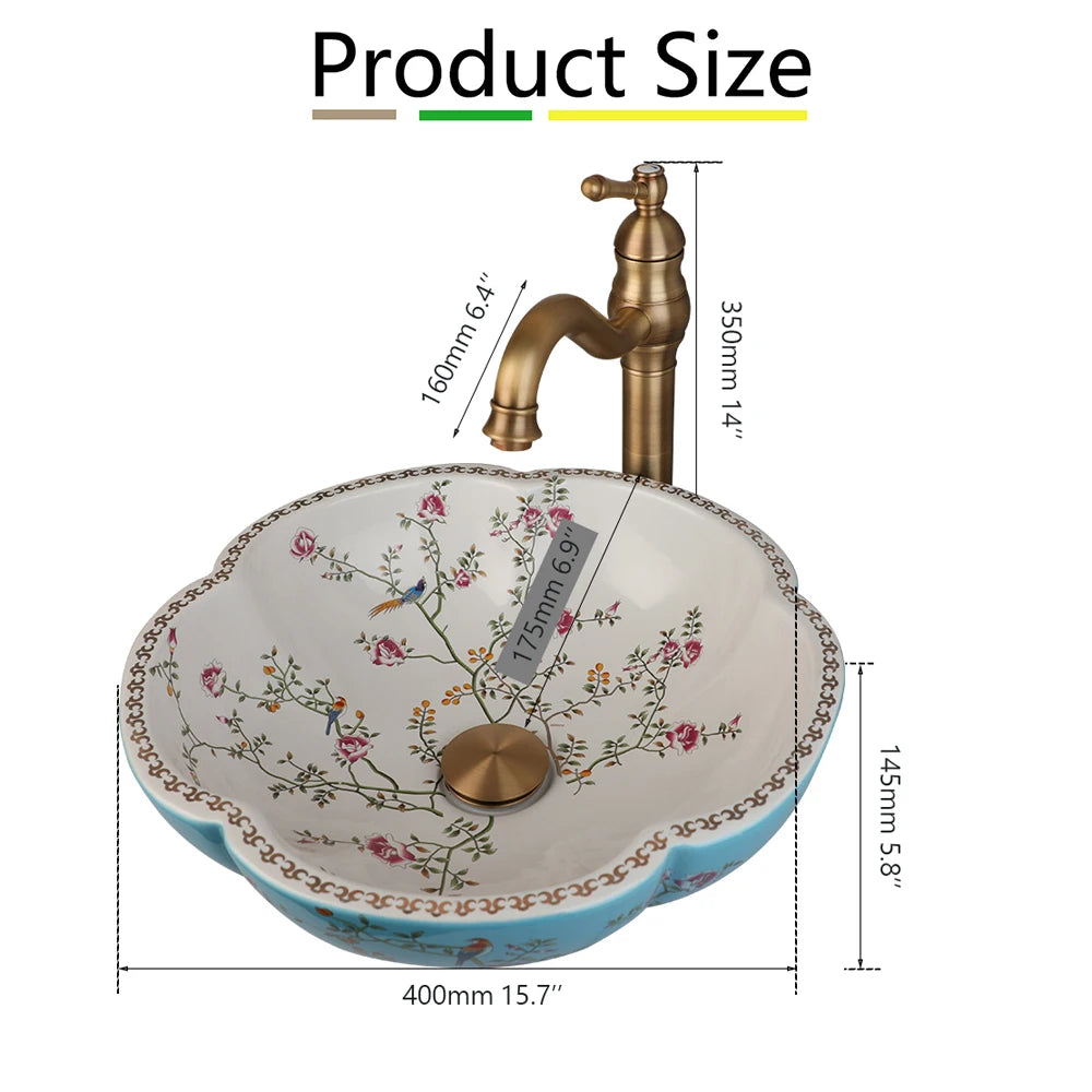 ZAPPO Ceramic Sink Above Counter Round Petal Pattern Faucet