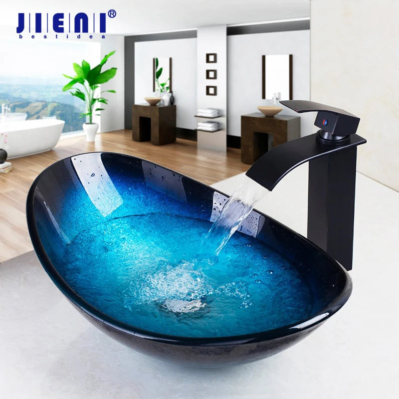 Jieni Glass Waterfall Spout Brass Faucet Oil Rubbed Bronze