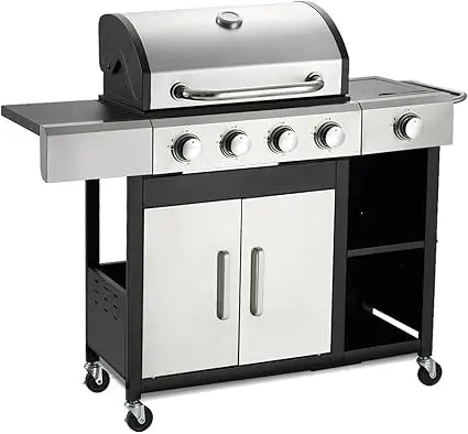 4 Burner Propane Gas Grill with Side Burner and Cabinet 49000 BTU Stainless Steel BBQ Grill Porcelain Enameled Cast Iron Grate