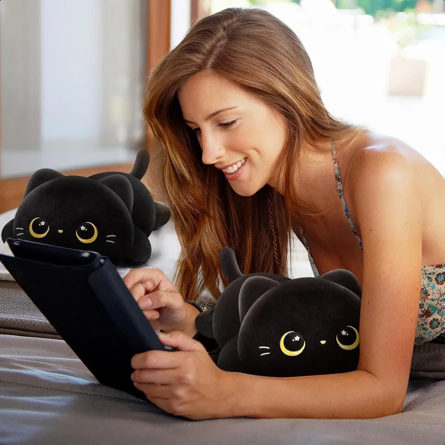 Cute Black Cat Plush Pillow Kawaii Stuffed Animal Squishy Cuddle Plush Pillow for Girls 13 Inch