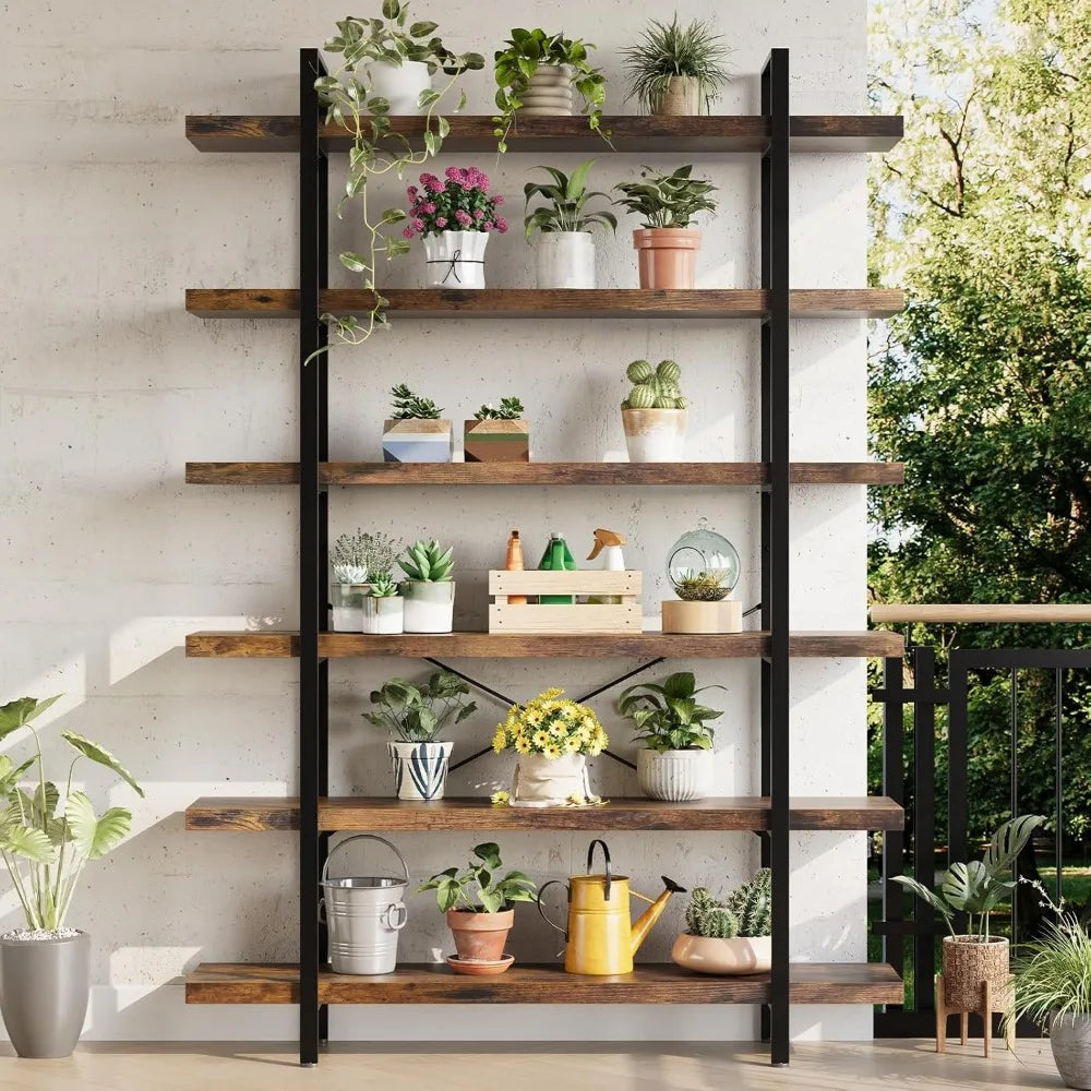 Industrial Rustic Six Tier Bookshelf 47 Inch Wide 120 Lb Capacity Home Office