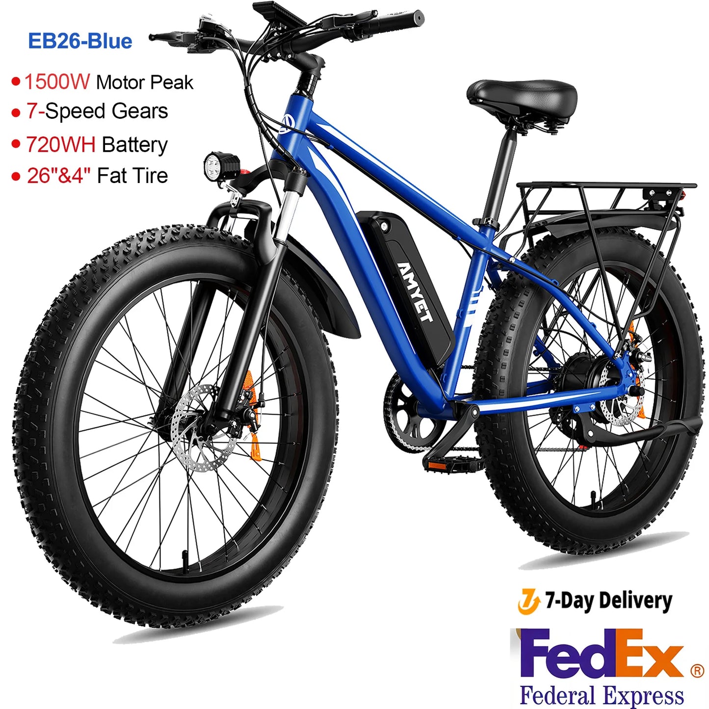 AMYET Electric Bike EB26 Blue Adults Electric Bicycle 31MPH Peak 1500W 720WH 26 Inch Fat Tire Mountain Bike Electric Dirt Bike
