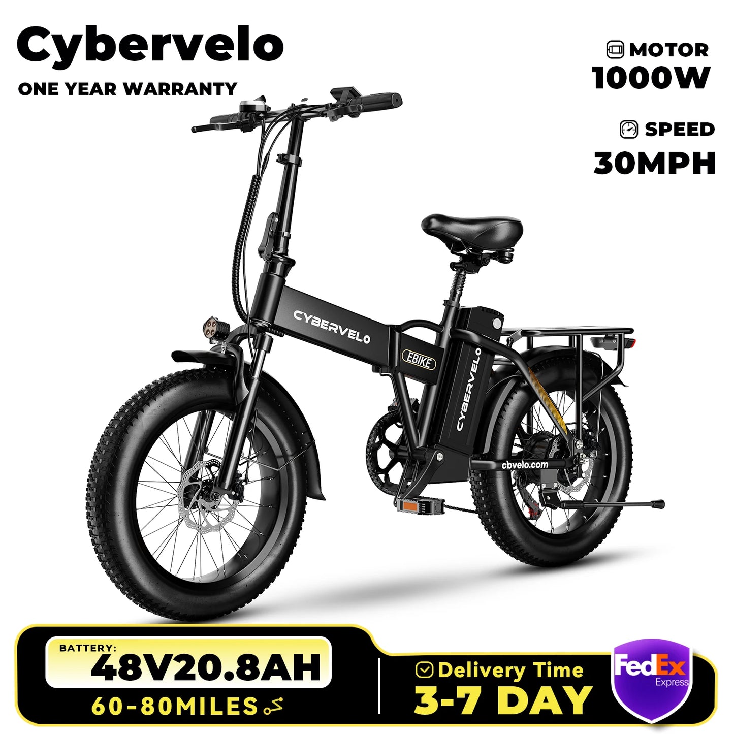 1000W Folding Electric Bike With Removable 48V 20Ah Battery