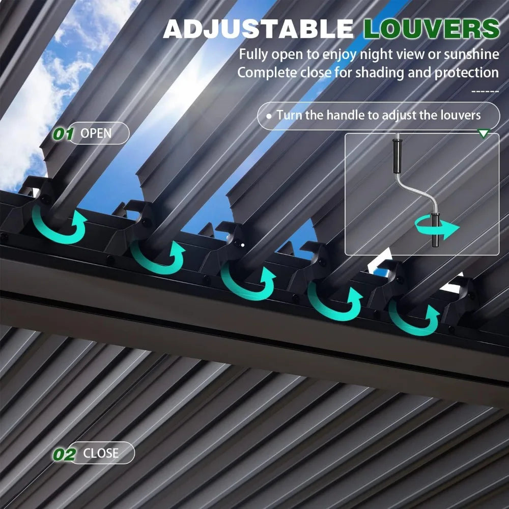10x12 Aluminum Louvered Pergola With Adjustable Louvered Roof and Waterproof Curtains Outdoor Small Pergola