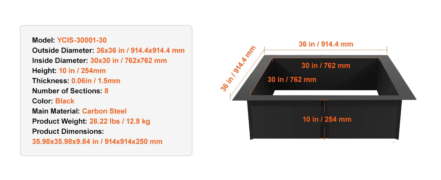SucceBuy Fire Pit Ring 36x36 Outer 30x30 Inner Height 10in