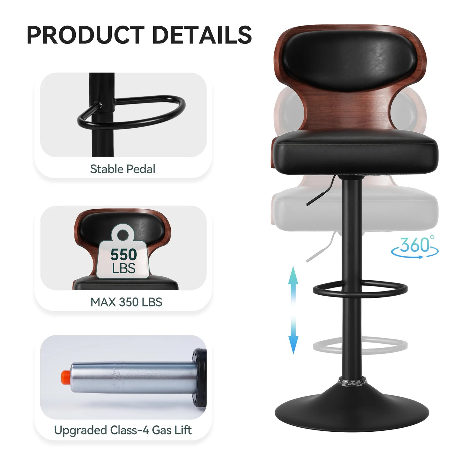 Bar Stool Set 2Pcs With Backrest Soft Cushion Dining Chair