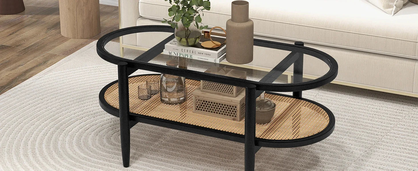 Rattan Coffee Table 2 Tier Acacia Wood With Glass Top Shelf
