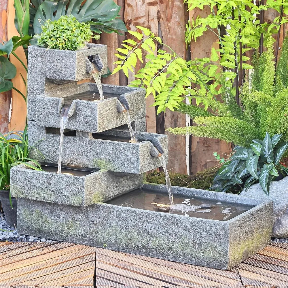 Tiered Outdoor Water Fountain For Garden And Indoor Use Freestanding Cascade Resin Concrete Modern Style With LED